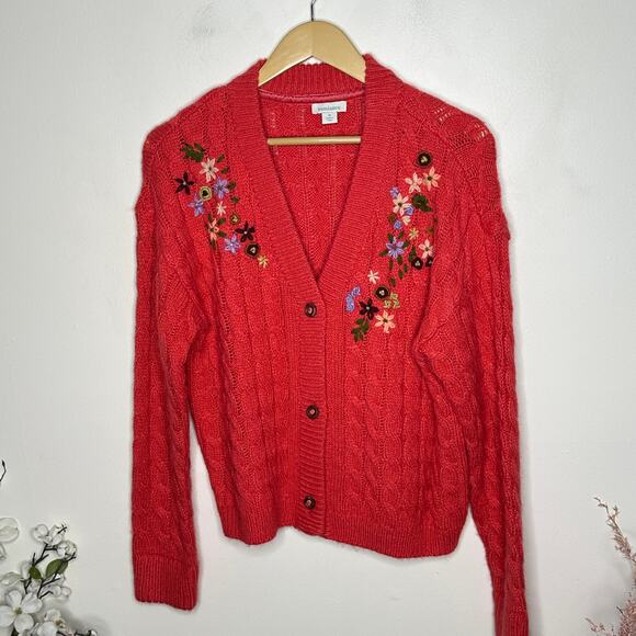 SUNDANCE Pocket Of Posies Floral Embroidered Cable Knit Cardigan Sz M {3D54} - Picture 2 of 5
